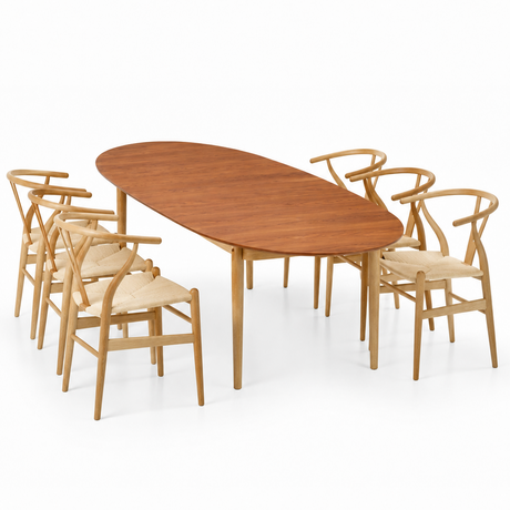 Hans J. Wegner Esstisch-Set, 1 x Special Edition CH338 Esstisch in Teak/Eiche-Mix, 6 x Wishbone Chair CH24 in Eiche, geölt, von Carl Hansen & Søn - Jacobsen Plus