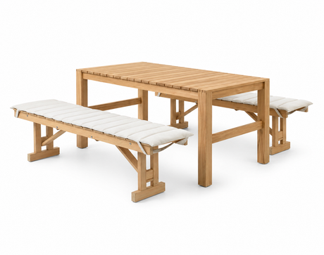 Bodil Kjær und Børge Mogensen Outdoor-Gartenmöbelset in Teak mit 1 Esstisch und 2 Bänken inkl. Kissen von Carl Hansen & Søn - 1 - Jacobsen Plus