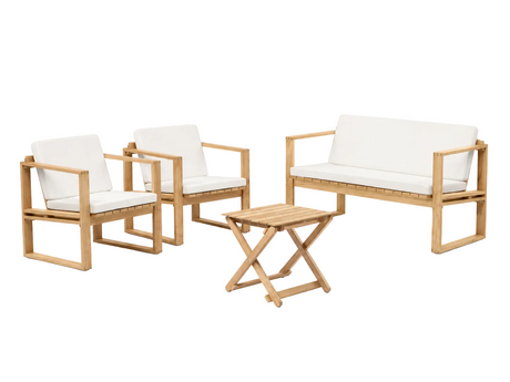 Bodil Kjær und Børge Mogensen Outdoor-Loungeset in Teak mit 1 Anstelltisch, 1 Bank und 2 Lounge-Sesseln inkl. Kissen von Carl Hansen & Søn - 1 - Jacobsen Plus