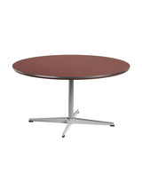 Piet Hein A223 Sofabord, Ø90 cm von Fritz Hansen - Rusty Red laminat m. alukant - Krom stel - Jacobsen Plus