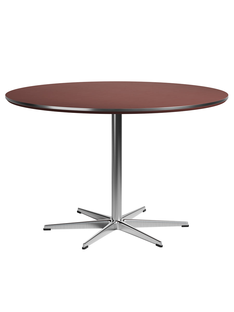 Piet Hein A825 Esstisch, Ø120 cm von Fritz Hansen - Rusty Red laminat m. alukant - Krom stel - Jacobsen Plus