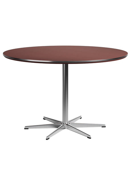 Piet Hein A825 Esstisch, Ø120 cm von Fritz Hansen - Rusty Red laminat m. alukant - Krom stel - Jacobsen Plus