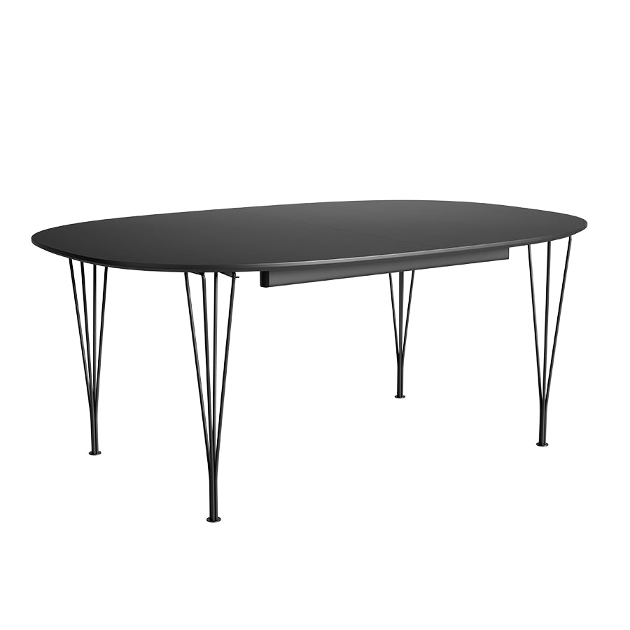 Piet Hein B619 Superellipse Ausziehtisch, 180/300 x 120 cm von Fritz Hansen - Schwarz laminat m. sort ABS-kant - Schwarz stel - Jacobsen Plus