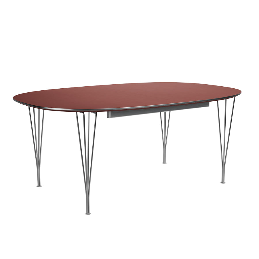 Piet Hein B619 Superellipse Ausziehtisch, 180/300 x 120 cm von Fritz Hansen - Rusty Red laminat m. alukant - Krom stel - Jacobsen Plus