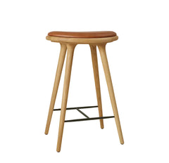 High Stool, geöltes Eichenholz, Nuance Walnut Leder, 69 cm, niedriger Barhocker von Mater