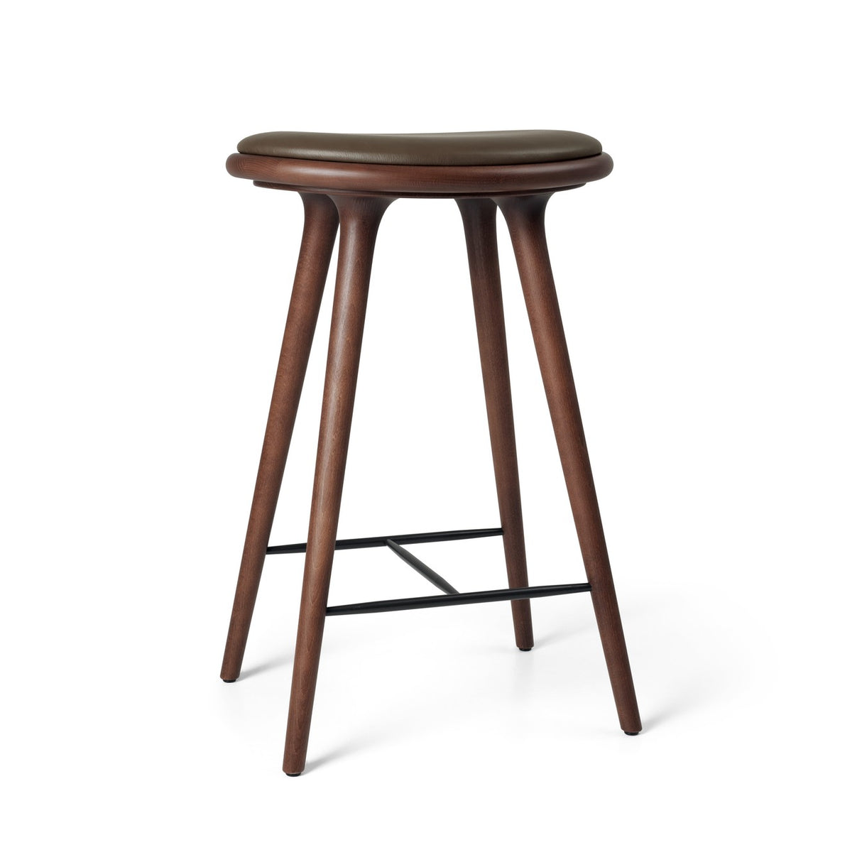 High Stool, braune Buche, Nuance Dark Brown Leder, 69 cm, niedriger Barhocker von Mater - 1 - Jacobsen Plus