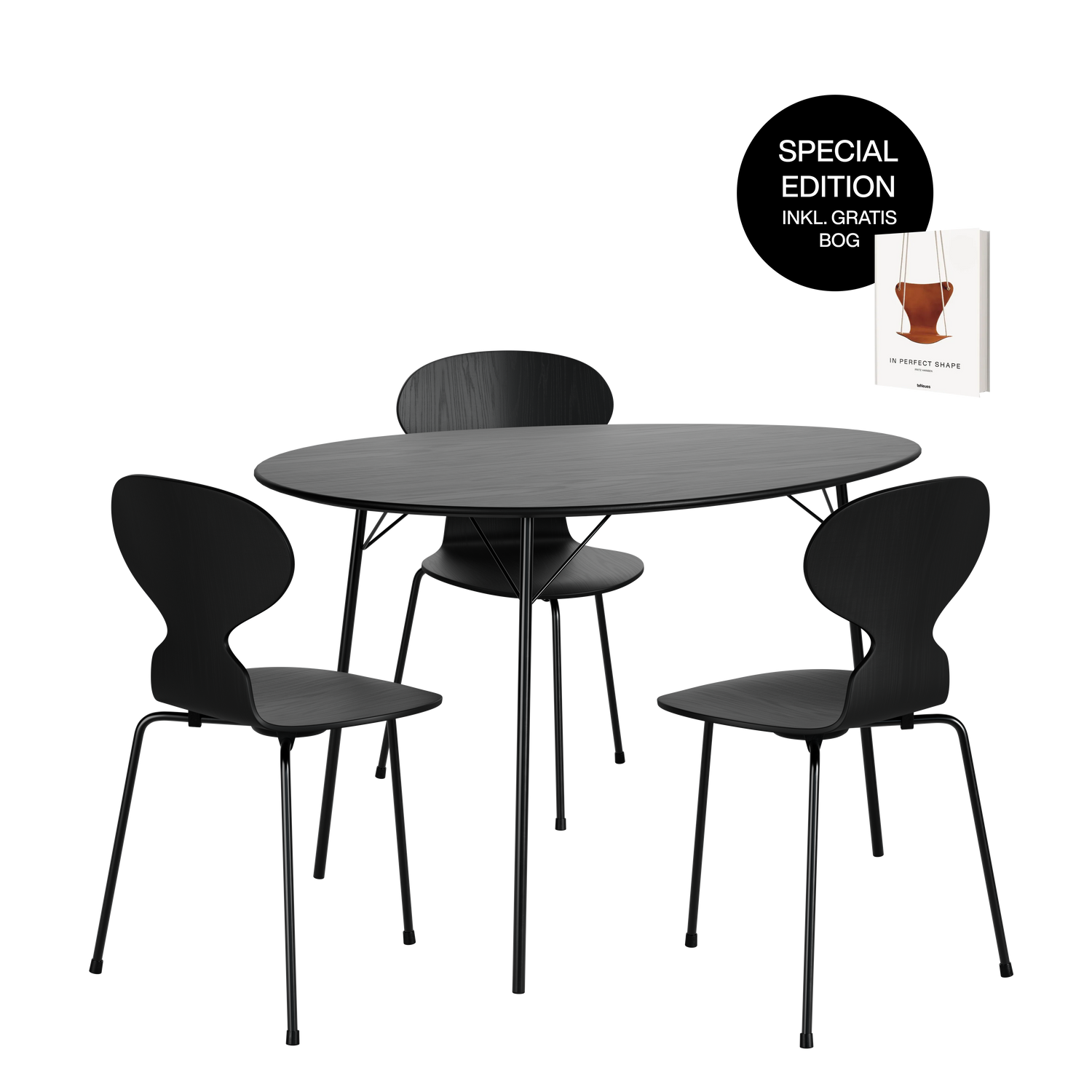 Arne Jacobsen Signaturset: Special Edition Egg Table m. 3 Ant Stuhl - Schwarz