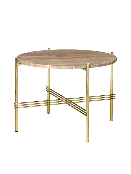 Gamfratesi TS Tisch Ø55 von GUBI - Warm Taupe Travertin - Messing - Jacobsen Plus