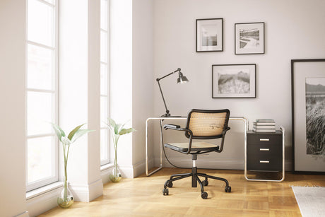 S 285/1 Schreibtisch, Chrom von Thonet - Gebeizte Buche I Schwarz TP 29 - 1 large Korpus außen rechts - Jacobsen Plus