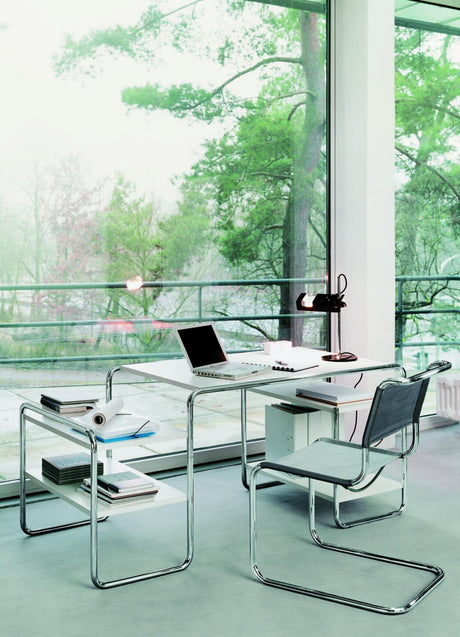 S 285 Schreibtisch, Chrom von Thonet - Lacquer pure white RAL 9010 - 4 Regalböden - Jacobsen Plus